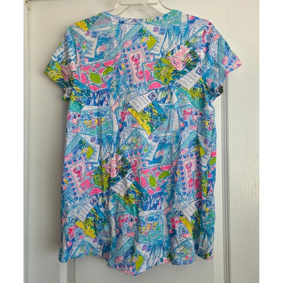 Lilly Pulitzer Etta I Wish You Were Here Multi V Neck Tee Shirt Size S NWT Vacay - Picture 4 of 7